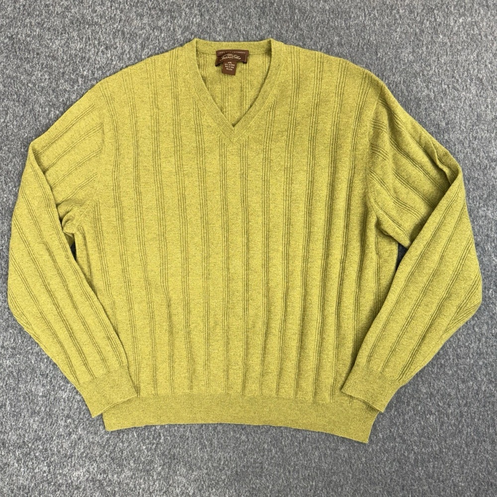 Tasso Elba 100% Cashmere V Neck Sweater Men's XXL Chartreuse Ribbed Soft